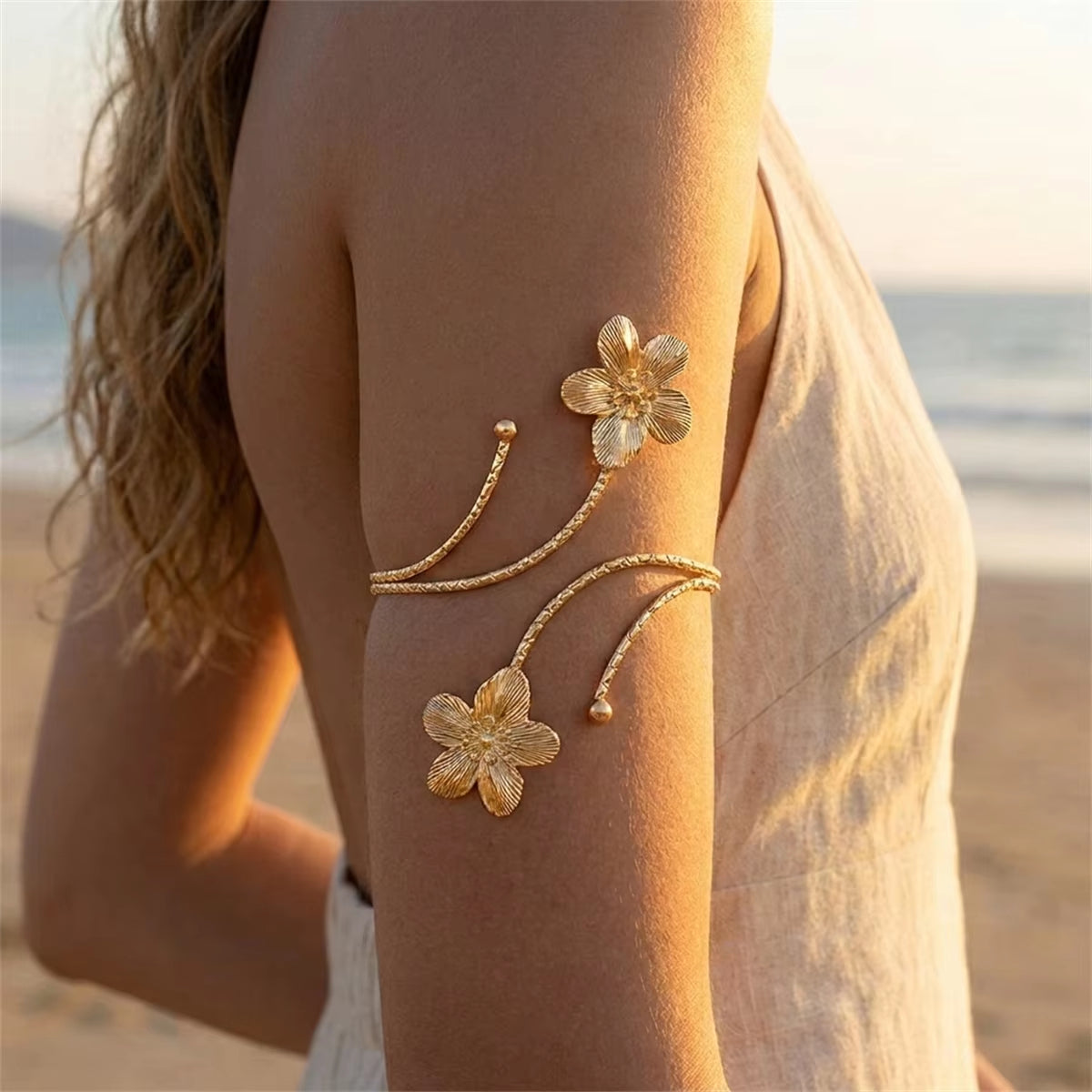 Boho Elegant Metal Flower Upper Arm Bracelet for Women