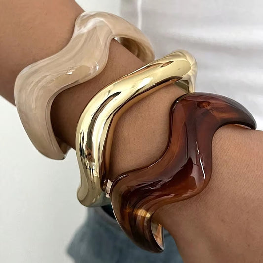 3Pcs Irregular Wavy Cuff Bangle Set For Women Resin Chunky Wave Bracelets