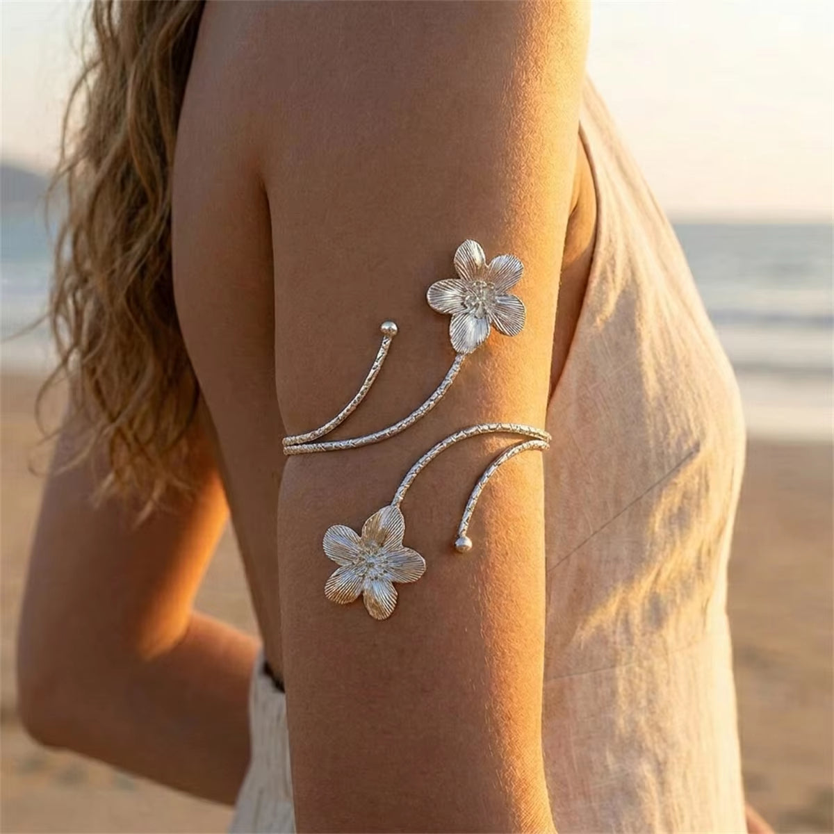 Boho Elegant Metal Flower Upper Arm Bracelet for Women