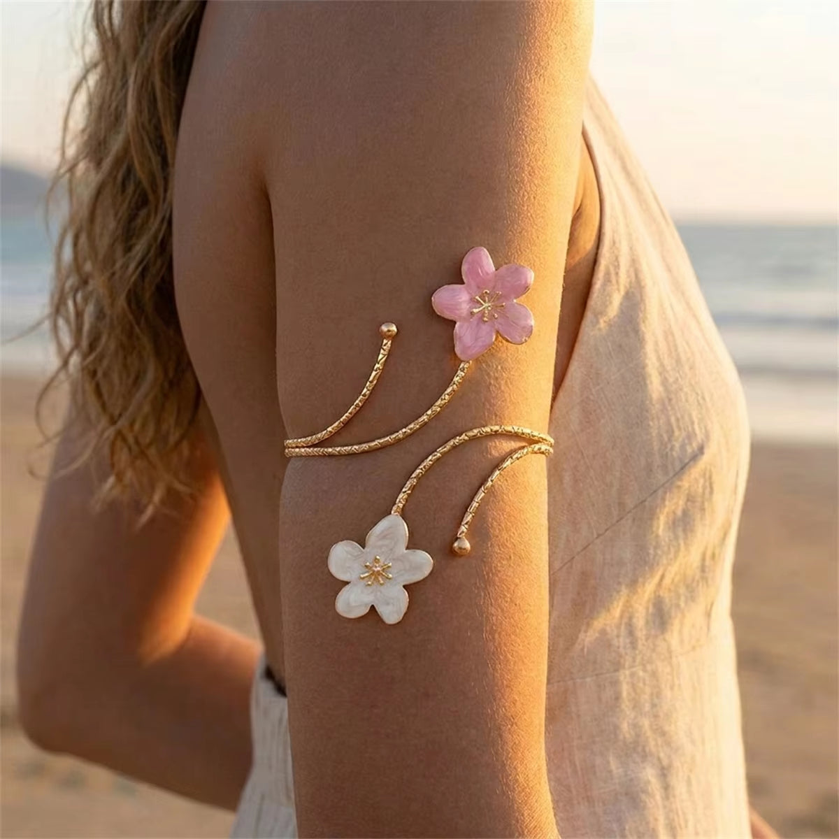 Boho Elegant Metal Flower Upper Arm Bracelet for Women