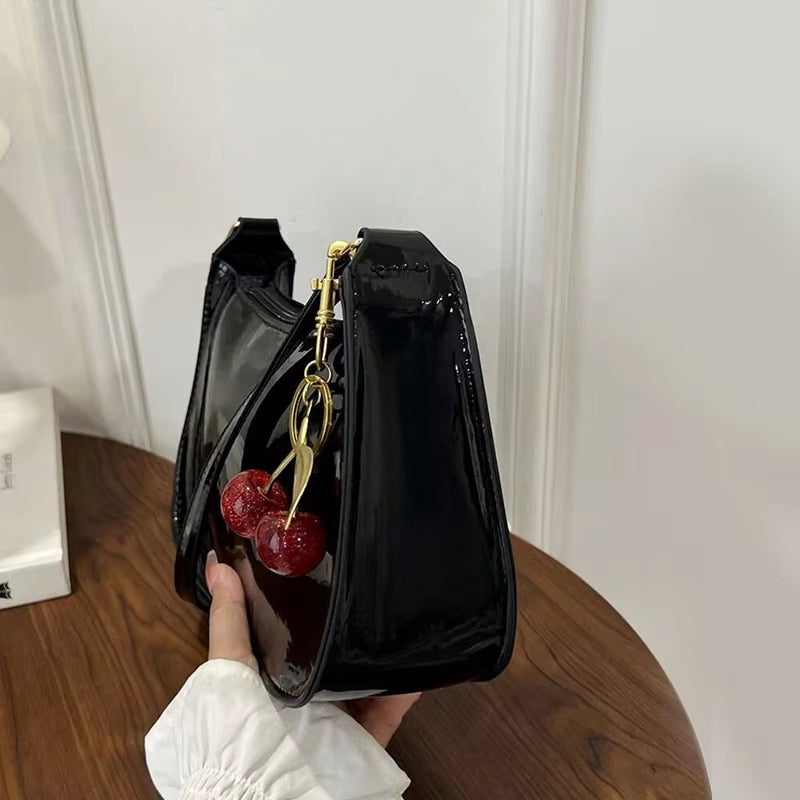 Women's PU Leather Handbag Versatile Fashion Solid Color Cherry Pendant Shoulder Bag