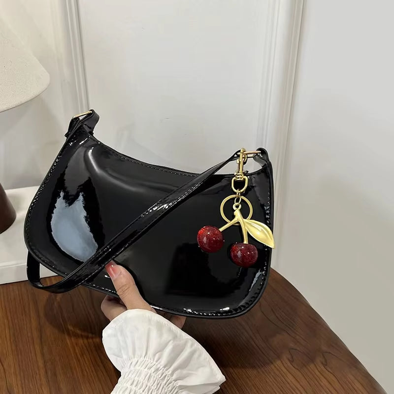 Women's PU Leather Handbag Versatile Fashion Solid Color Cherry Pendant Shoulder Bag