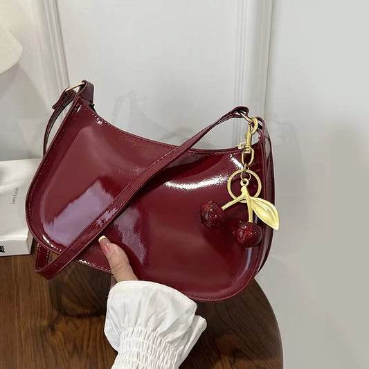 Women's PU Leather Handbag Versatile Fashion Solid Color Cherry Pendant Shoulder Bag