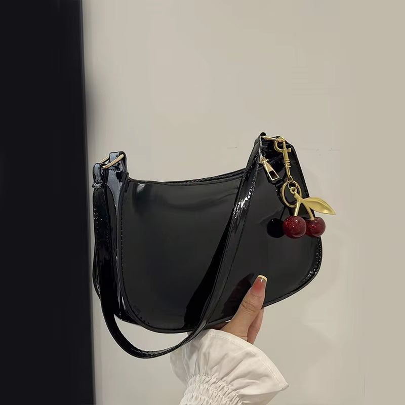 Women's PU Leather Handbag Versatile Fashion Solid Color Cherry Pendant Shoulder Bag